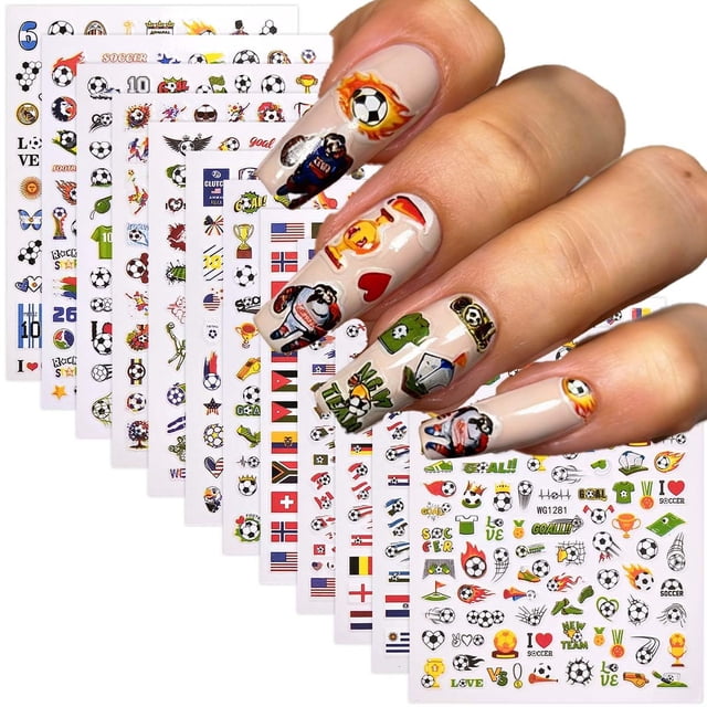 Sevgob 12 hojas de stickers 5D en relieve para uñas con temática de fútbol