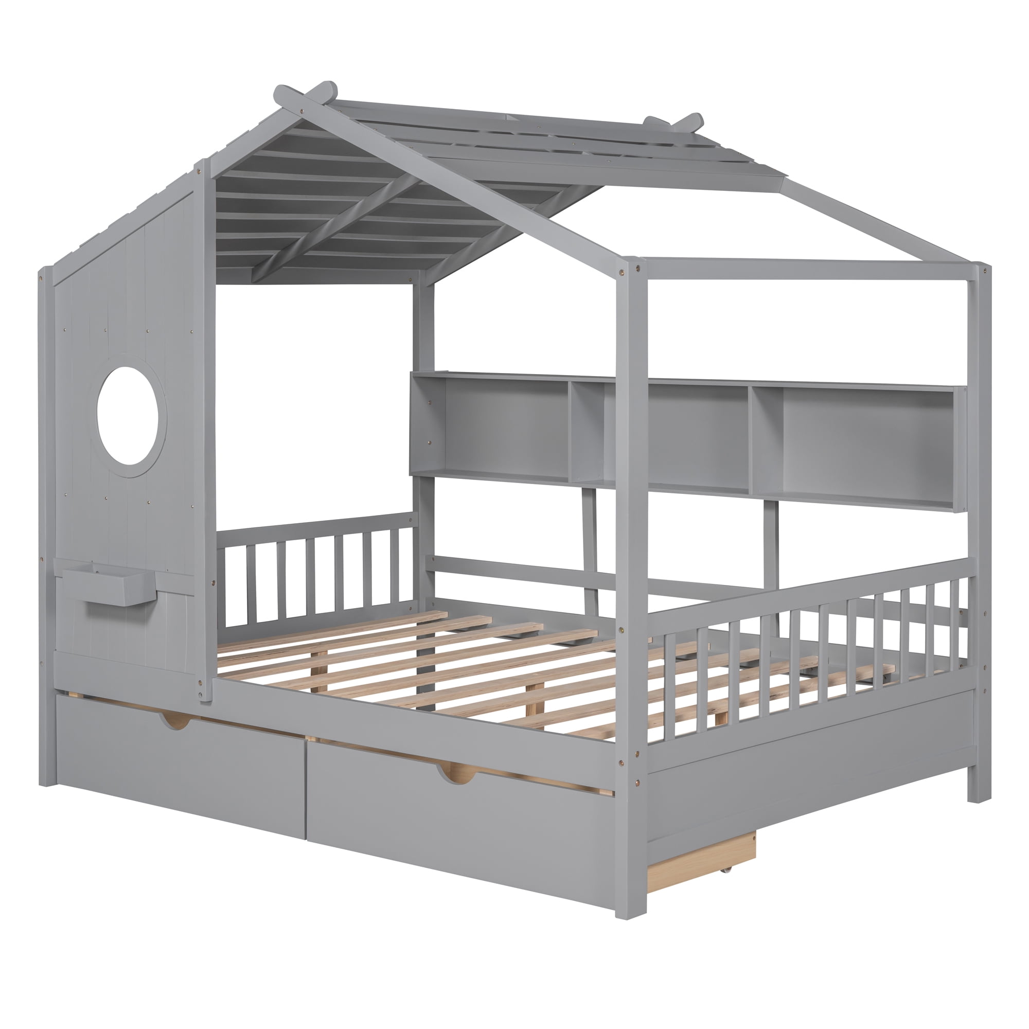 Harper & Bright Designs Full Size House Bed with Roof and Window, Wooden Daybed Frame with Shelves and 2 Drawers for Girls Boys, Gray