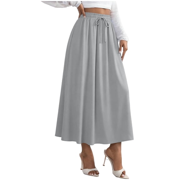 YgkuHd Maxi Skirts for Women Casual Summer Solid Color Loose High Waist A-line Half Body Elastic Waist Drawstring Skirt Long Skirts for womens clothes Summer,Gray_XL