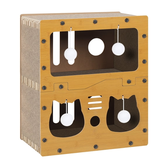 2-Tier Cat Scratcher Box with Hanging Ball Toys, Corrugated Cardboard Cat House with Cat-Shaped Entrances, Indoor Cat Bed and Scratching Pad for Cats Kittens