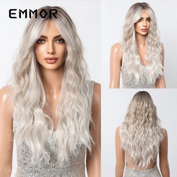 European and American Style Gradient Platinum Blonde Long Curly Hair with Bangs, Face-Slimming, Natural and Lazy Fashion Wig, Full Head Hairstyle