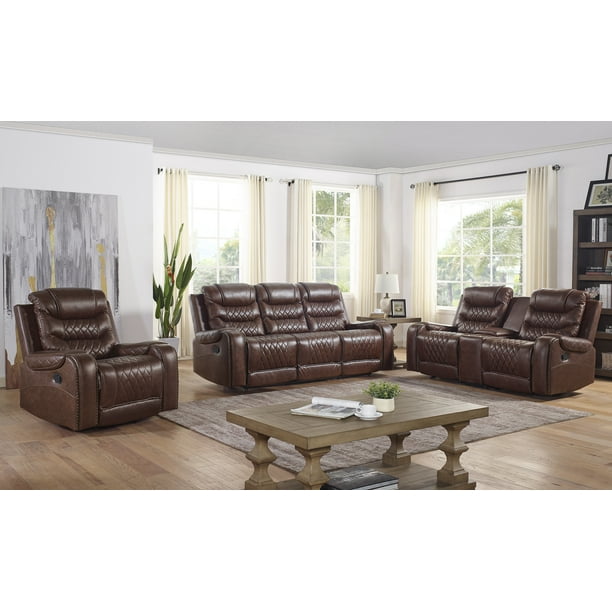 Klens Faux Leather 3 Piece Reclining Sofa Set With Nail Head Trim Brown Com Klens Faux Leather 3 Piece Reclining, Nailhead Trim Leather Sofa Set