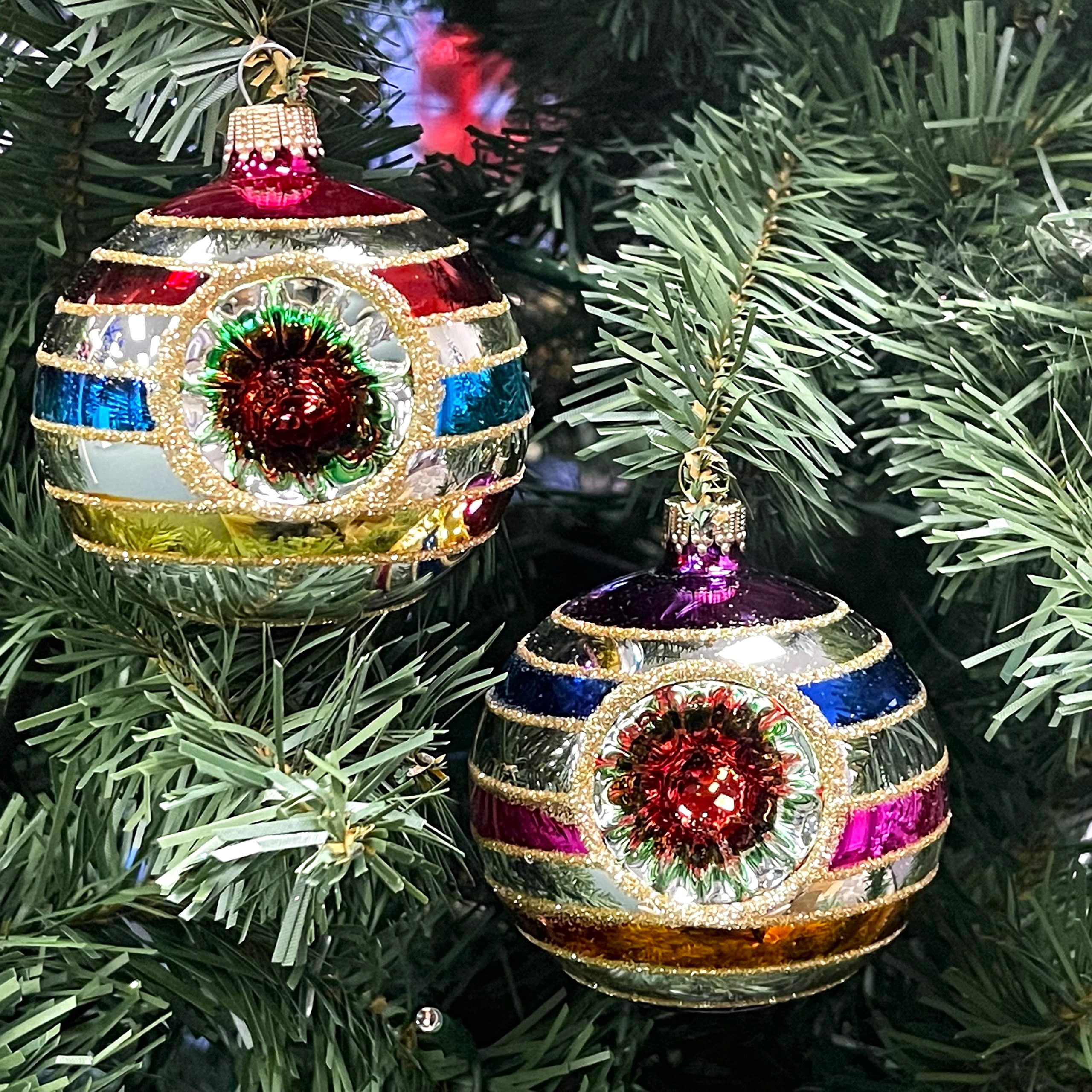 Glass Christmas Tree Ornaments - 67mm/2.63" [4 Pieces] Decorated Balls from Christmas by Krebs Seamless Hanging Holiday Decor (Bright Silver Reflector with Multicolor Lines)