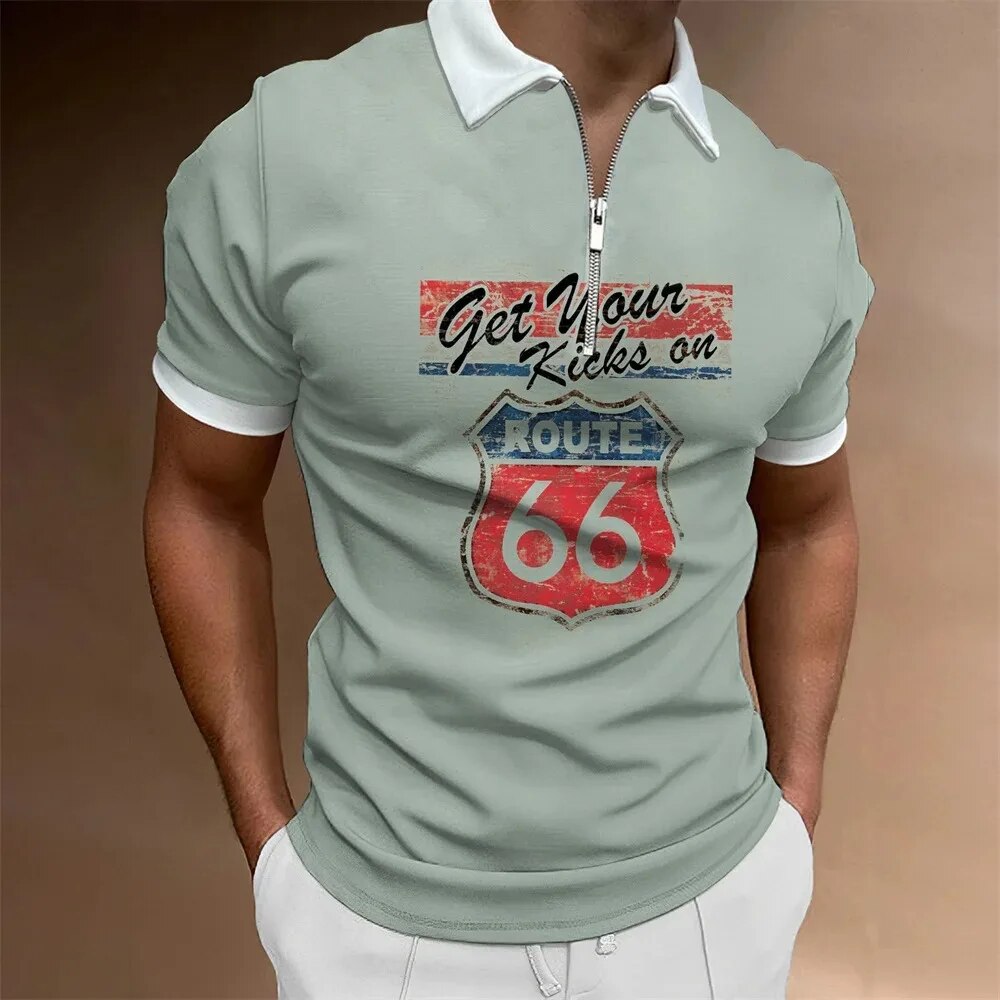 Vintage Men's Polo Shirt Route 66 Motorcycle 3d Print Men‘S T Shirt ...
