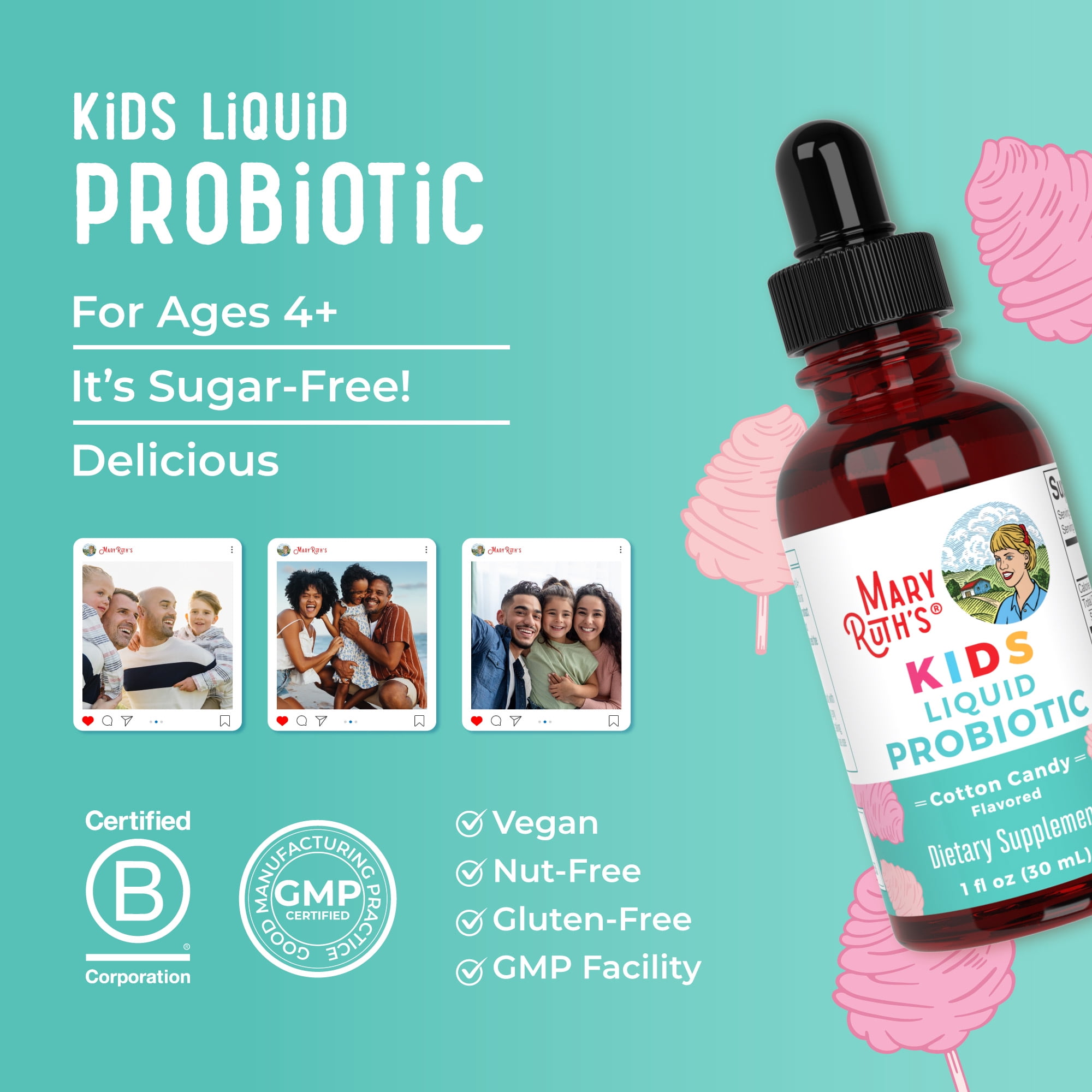 MaryRuth Organics Kids Liquid Probiotic, Gut Health & Immunity, Children's Health, Cotton Candy Flavored, 1 fl oz