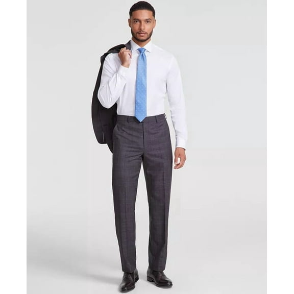Michael Kors Malone Dress Pants Mens 42x32 Brown Plaid Reg-Fit Stretch Wool-Blnd