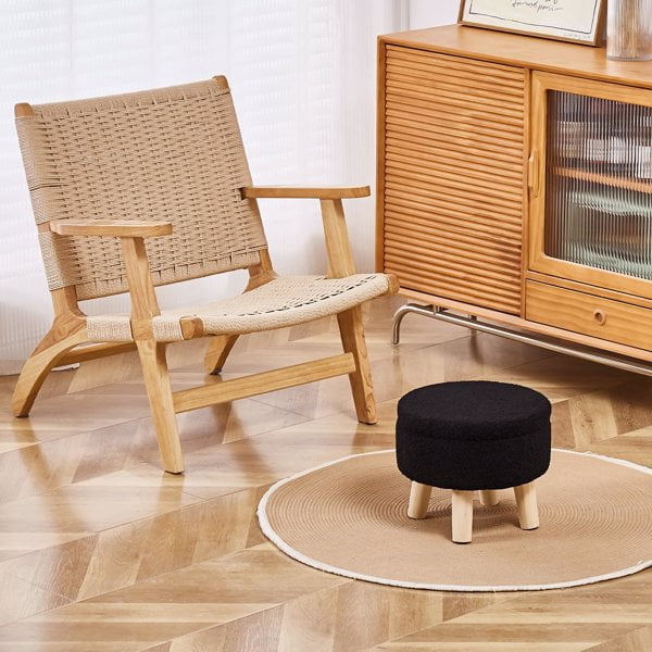Storage Ottoman, Modern Round Footrest with Soft Padded Seat, Teddy Velvet Footstool with Wood Legs, Accent Small Table or Plant Stand for Hallway, Living Room (Black)