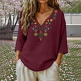 thumbnail image 2 of Lmueinov Women's 100% Cotton Boho Embroidered Tops V Neck 3/4 Sleeve Loose Casual Shirts Vintage Floral Tunic Blouses for Daily Vacation Wear, S-3XL, 2 of 6