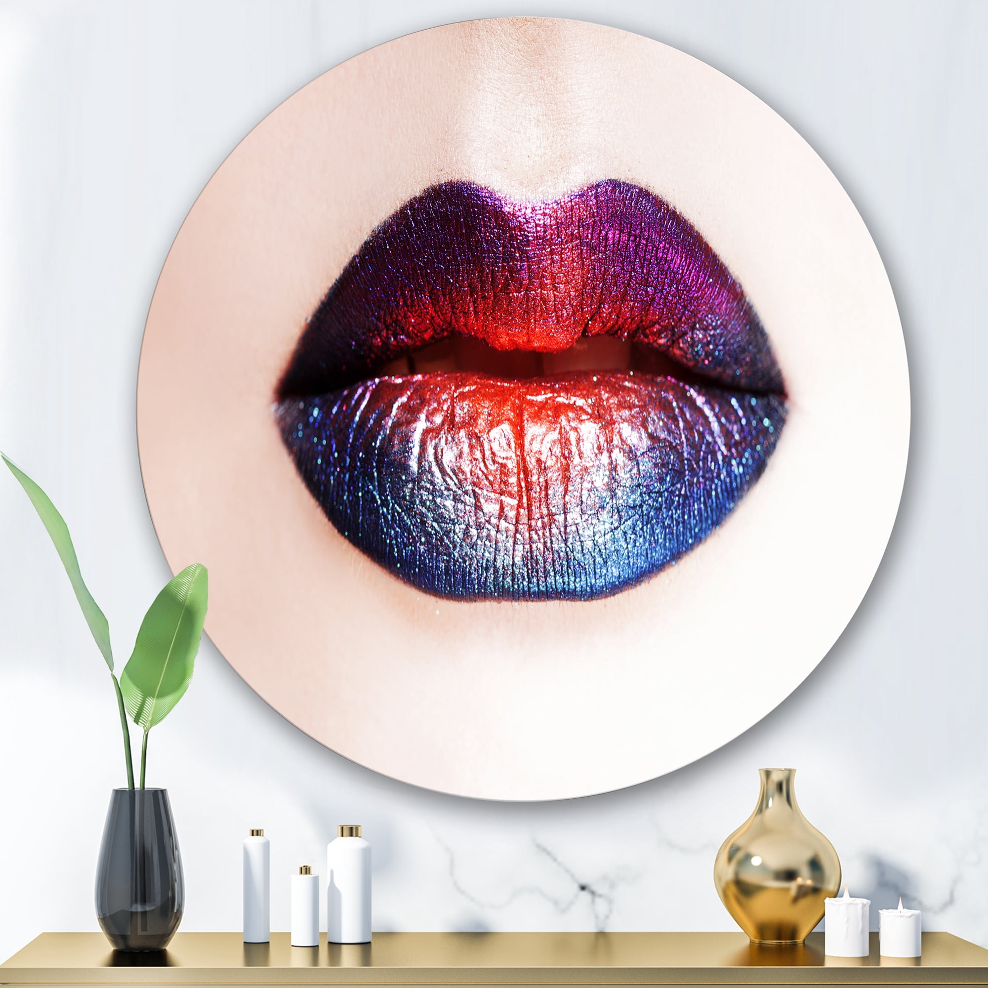 Designart 'Female Lips With Bright Multicolored Lipstick' Modern Circle Metal Wall Art 29x29 - Disc of 29