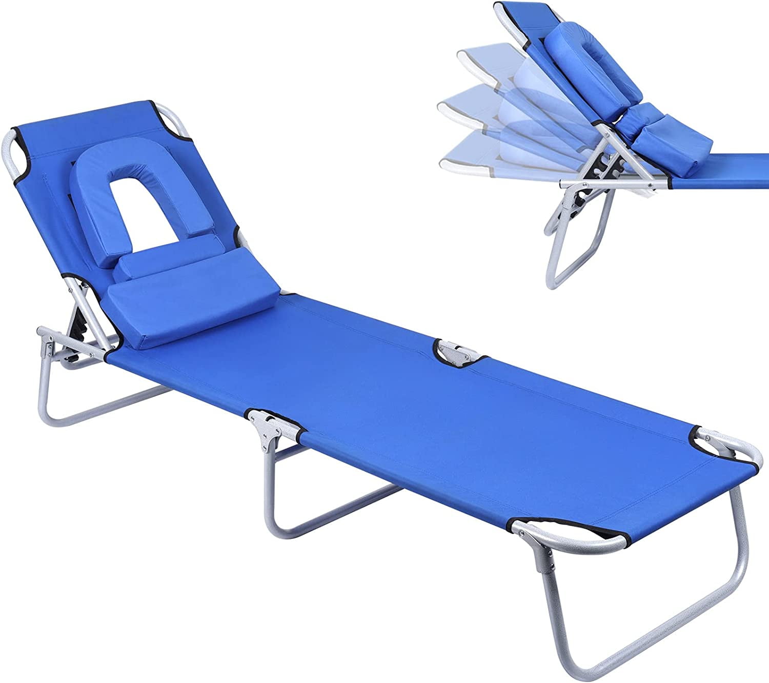 FirstE Folding Beach Lounge Chair, Portable Chaise Lounge Chair with 4