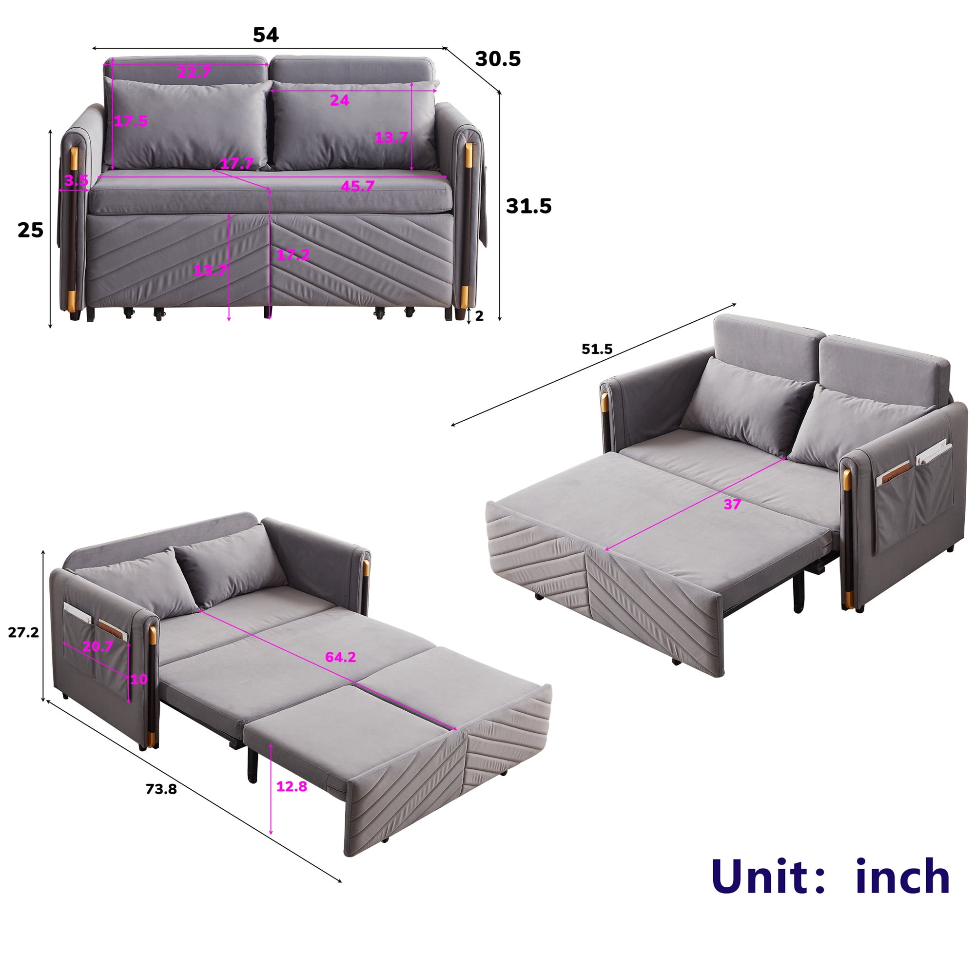 Aukfa Velvet Futon Convertible Loveseat Sleeper Sofa, Full Size, 2Pillows&Side Pockets, Blue