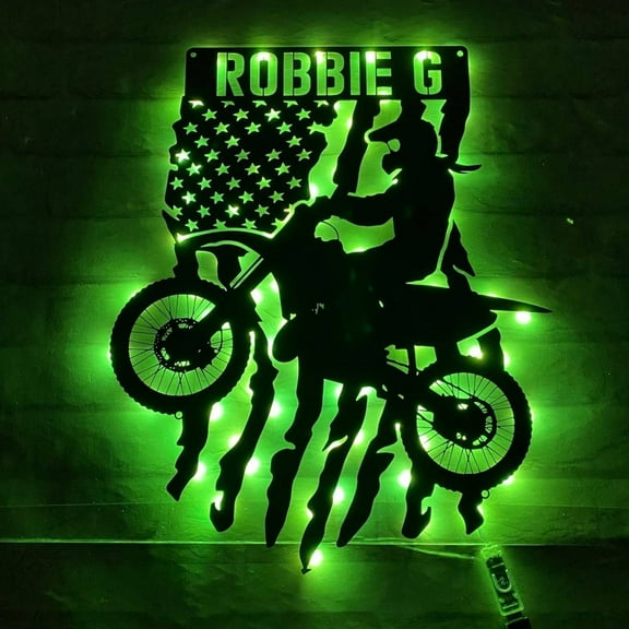 Craftnamesign Custom Dirt Bike Metal Wall Art LED Lights, Motorcycle Name Sign Wall Decor