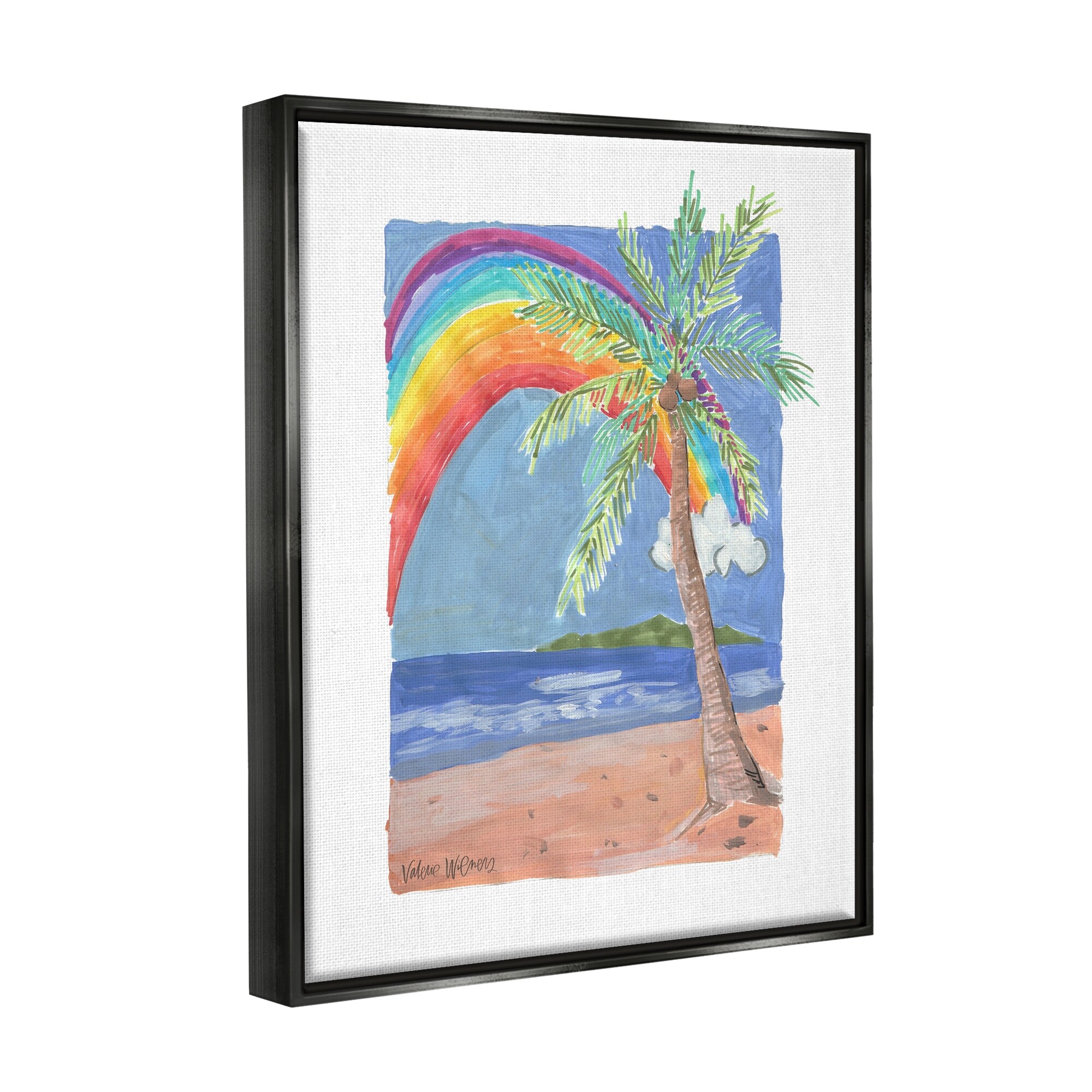 Stupell Industries Whimsical Rainbow Over Beach Tropical Palm Tree Painting Jet Black Floating Framed Canvas Print Wall Art, Design by Valerie Wieners