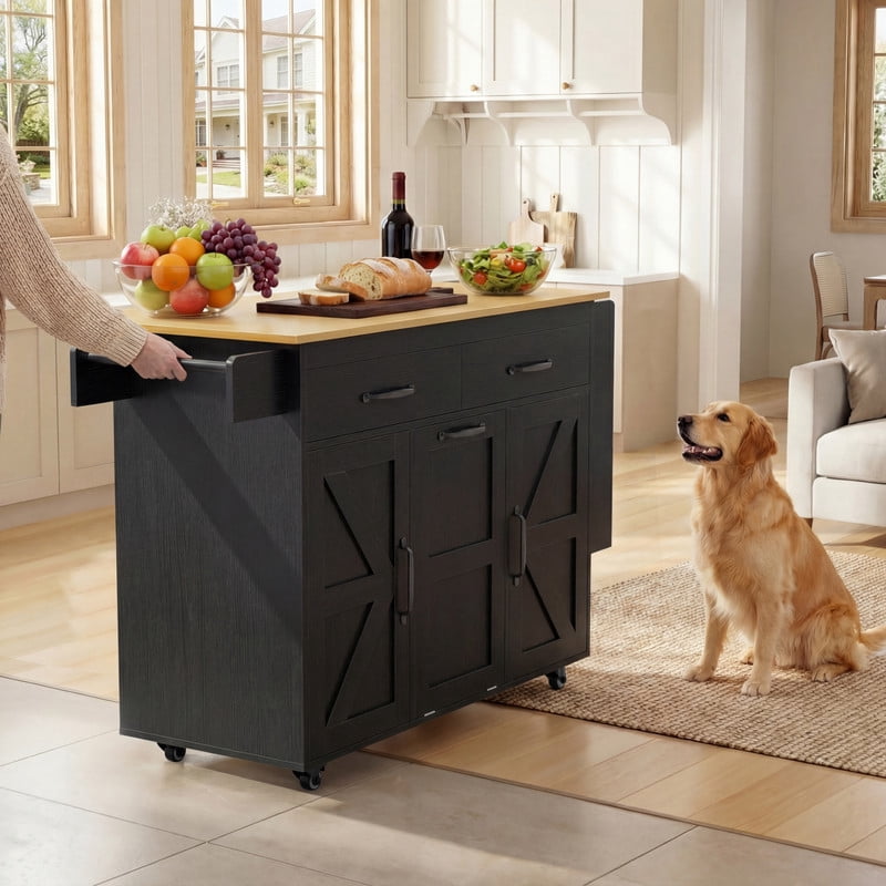 Vineego Rolling Kitchen Island with Storage, Mobile Kitchen Cart on Wheels with Drop Leaf Countertop, Drawers, Barn Doors & Side Shelves, Black with Natural Wood Top