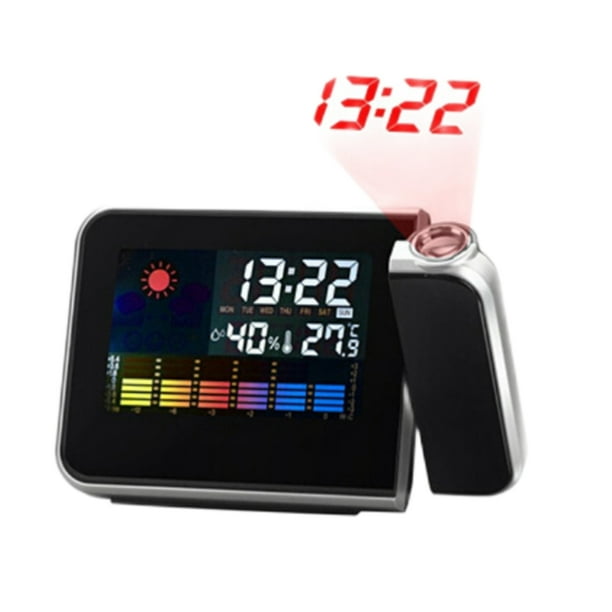 Reloj despertador con proyección, reloj proyector digital ajustable de 180 grados con estación meteorológica y pantalla LED a color de temperatura y humedad, reloj calendario perpetuo
