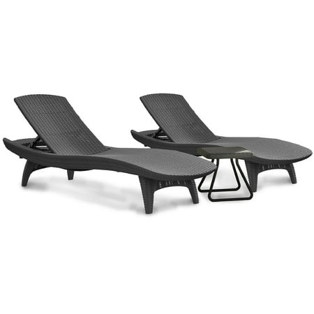 Keter Pacific Chaise Sun Lounger and Side Table Set, Resin Outdoor Patio Furniture, Rattan Look Charcoal, Seats 2