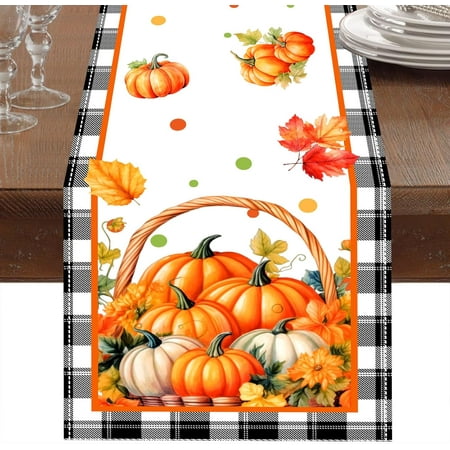 

Pumpkins Maple Leaves Fall Table Runner Buffalo Plaid Thanksgiving Table Runner Seasonal Farmhouse Indoor Decor Autumn Decorations for Home 13 x 72 Inch