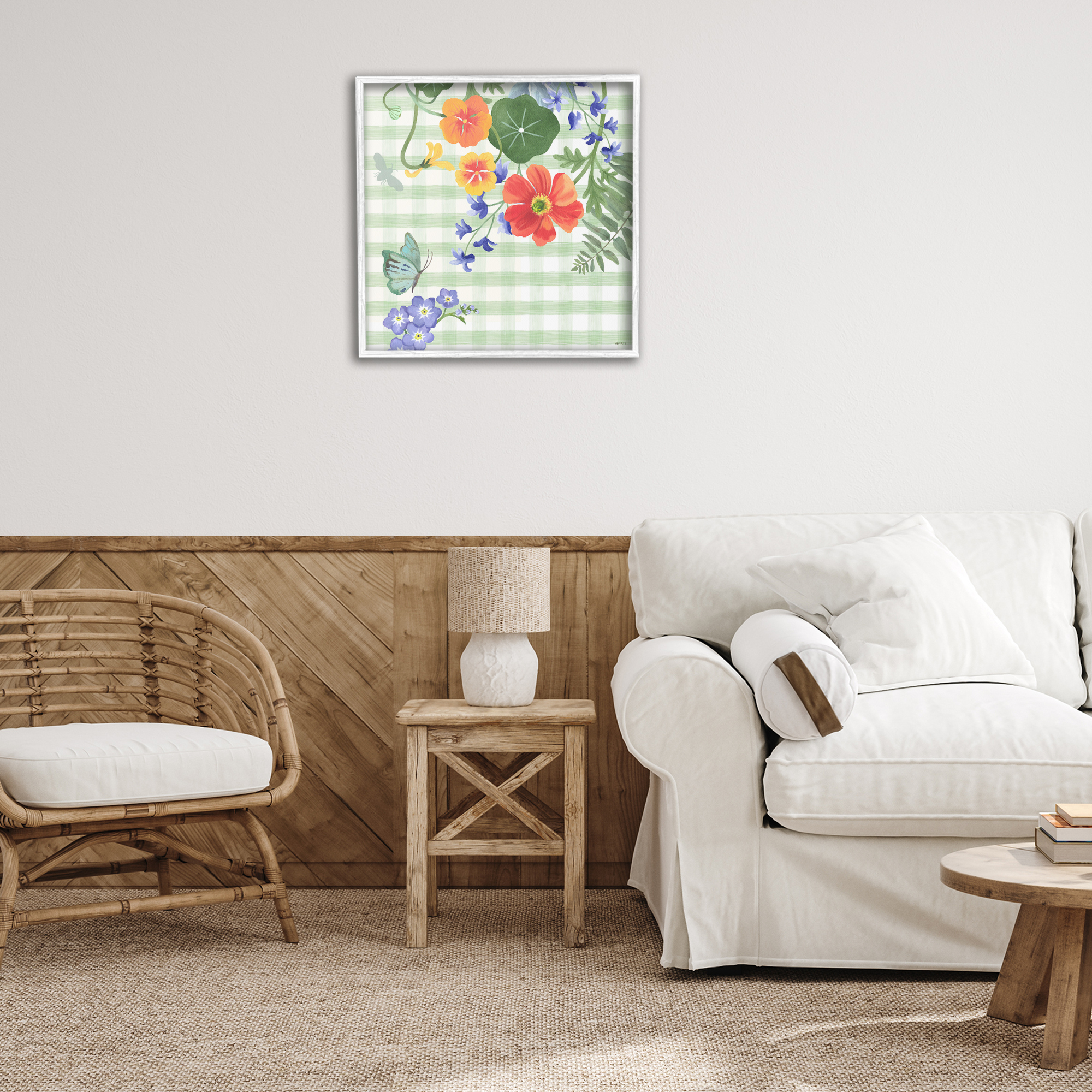 Stupell Industries Green Gingham & Poppies Botanical & Floral Painting White Framed Art Print Wall Art, 24 x 24