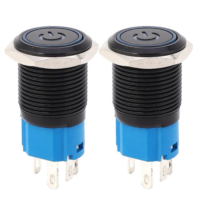Black self-locking metal switch, IP65 protection, with LED lamp and symbol, 16 mm (blue 3-6 V DC), 2 pieces