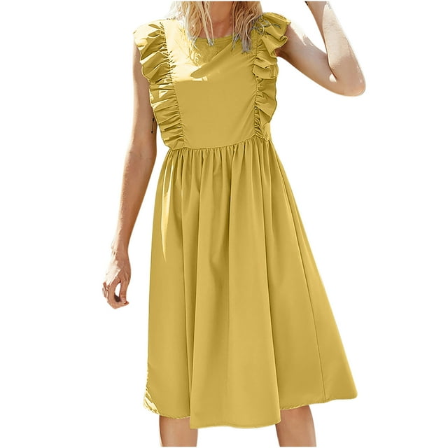 Robe à Manches à Volants pour Femmes Col Rond Décontractée Jupe Ample Unie Sans Manches Robe Longuette à Volants
