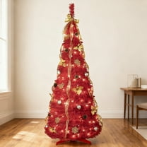 Bringstar 6ft Red Pop Up Christmas Tree Pre Lit with 150 Lights, Pre Decorated Artificial Xmas Tree with Ornaments, Easy Setup & Foldable for Storage