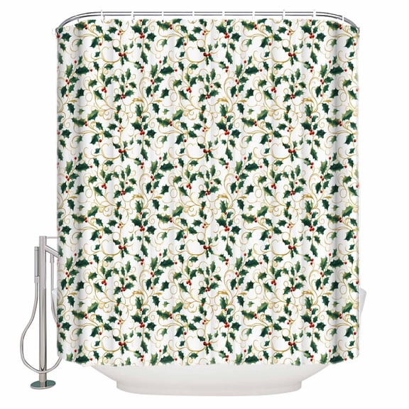Winter Christmas Bathroom Shower Curtains with Hooks, Holly Berry Plants Leaves Waterproof Fabric Washable Shower Curtain for Home Hotel Bathtub Decor 60x72 Inch