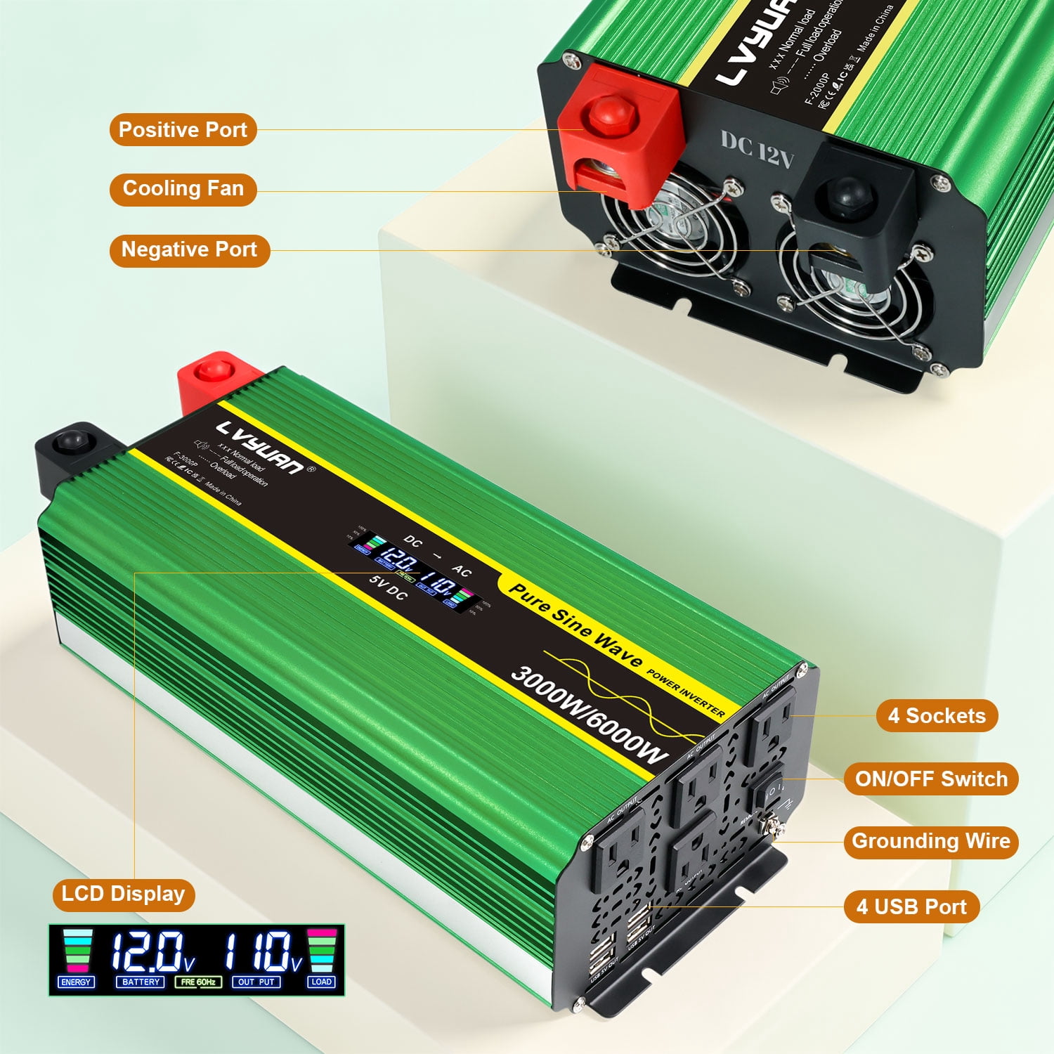LVYUAN 3000W Pure Sine Wave Power Inverter 6000W Peak DC 12V to AC 110V Car Converter with LCD Display, Remote Control, 4 AC & 4 USB Ports, for Car, RV, Truck, Camping, Off-Grid, Home Backup Green