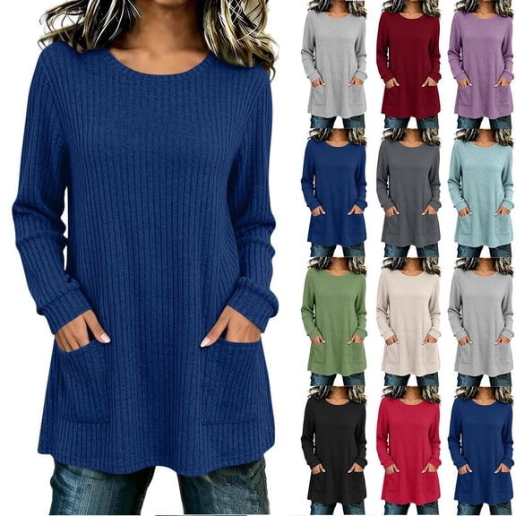 Mgmyaa Women's Round Neck Long Sleeve Tunic Top with Front Pockets Casual Solid Color Loose Fit Pullover Shirt
