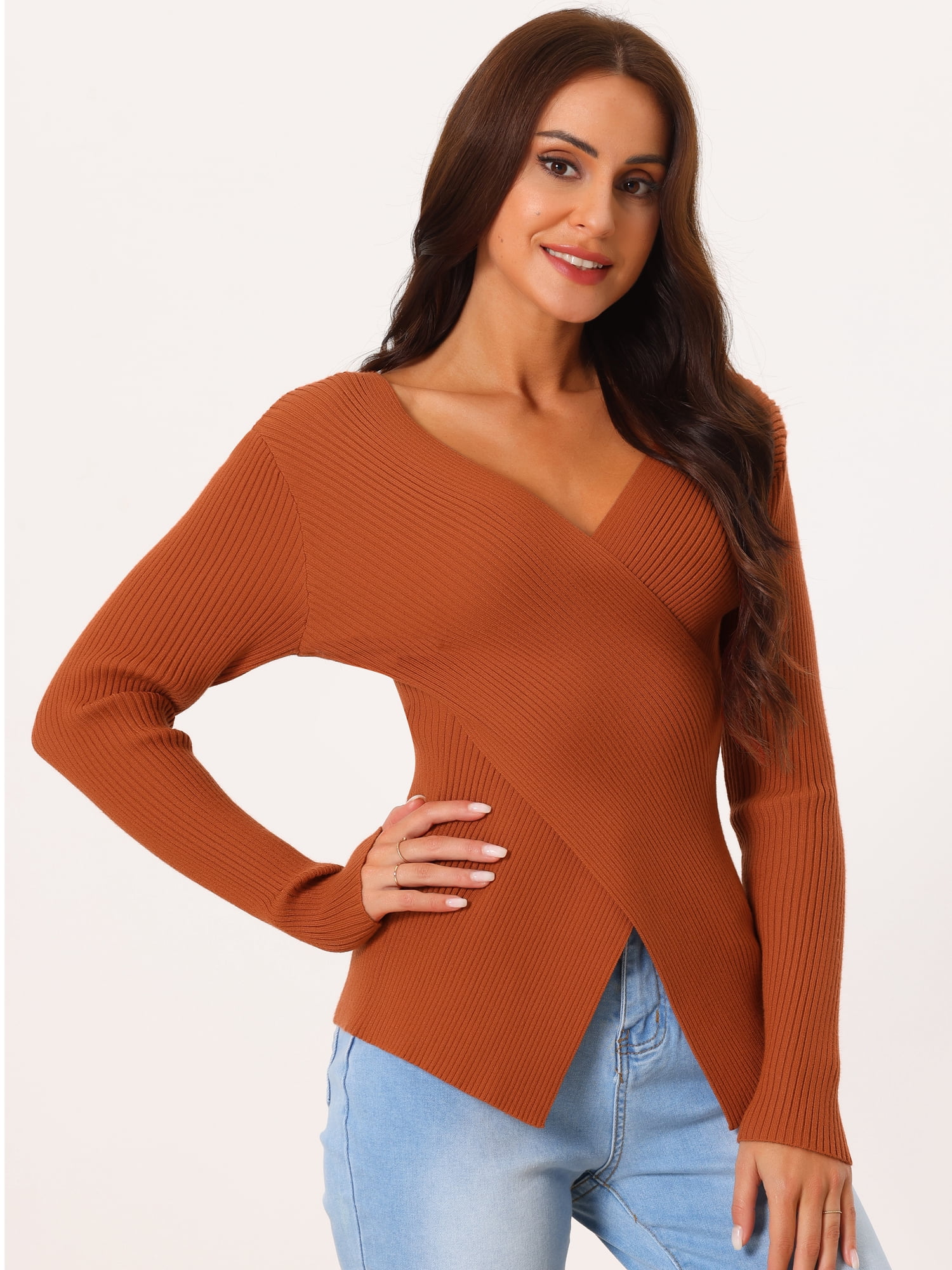 Women's Long Sleeve V Neck Criss Cross Sweater Casual Fall Outfits M Brick Red