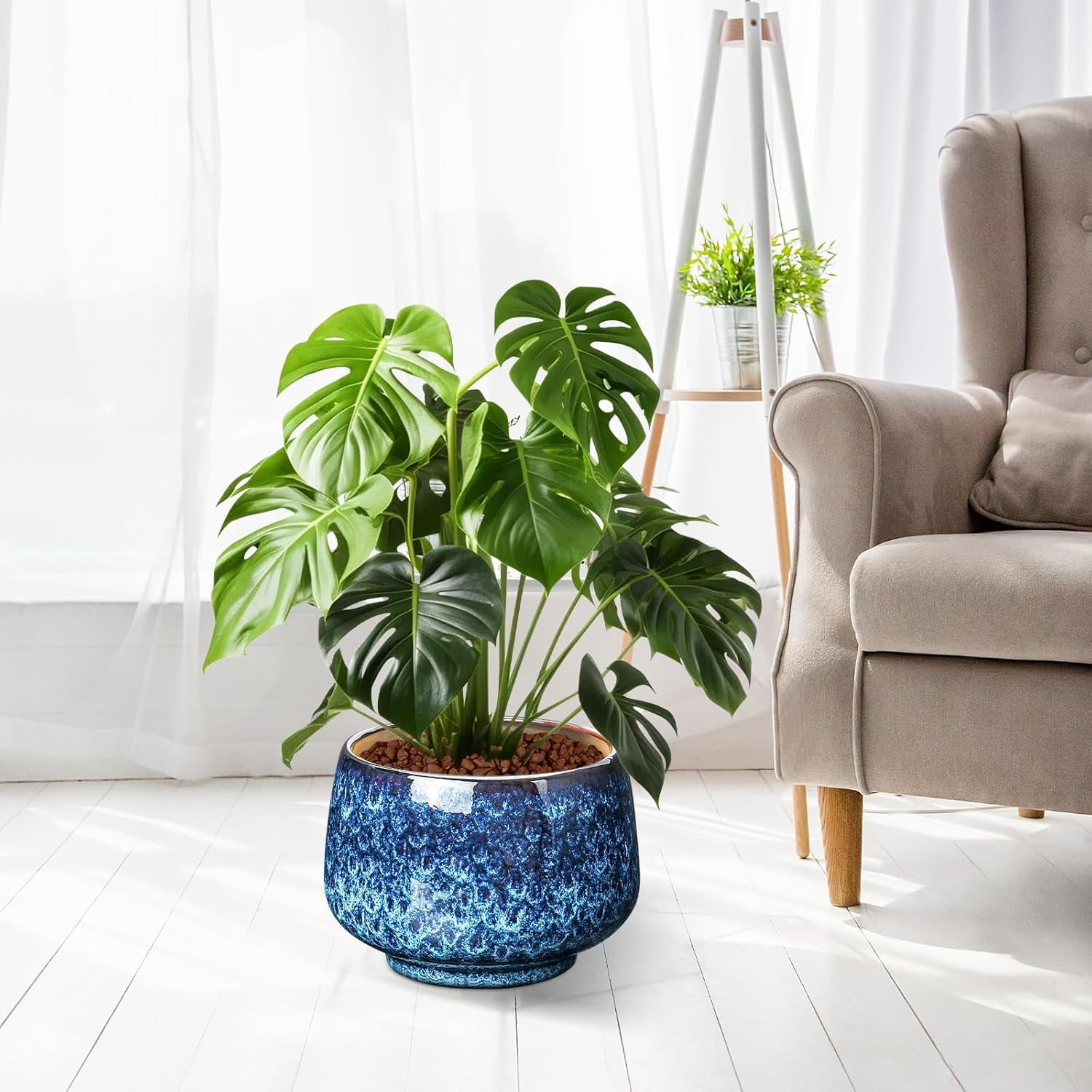 BUYMAX Ceramic Plant Pots , 10+8+6 inch Planters Pots for Indoor Outdoor Plants, Modern Large Flower Pots with Drainage Holes，Flower Pots for Home Garden Decor,Set of 3, Blue