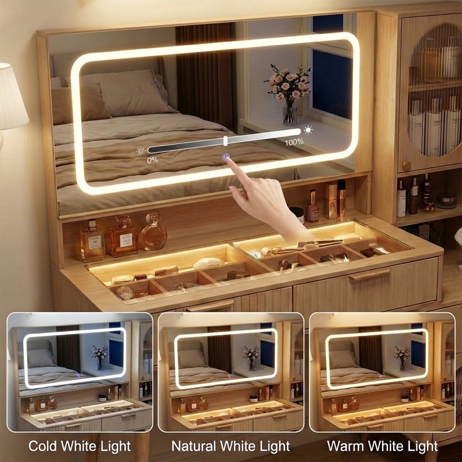48" Fluted Vanity Desk with Lighted Mirror & Charging Station, Natural Oak Makeup Table with 5 Drawers, Motion Sensor Lights, Glass Top & Hair Dryer Holder for Bedroom
