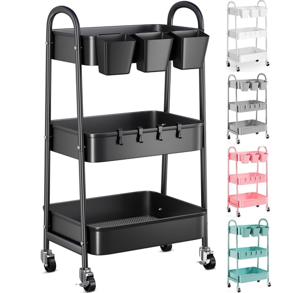 Rolling Cart Recximi de 3 niveles de metal con ruedas bloqueables, color negro