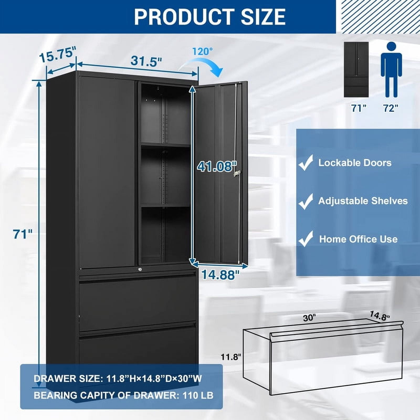 MIIIKO Metal File Cabinet with 2 Drawers,Office Storage Cabinet with Adjustable Shelves, Lockable Lateral File Cabinet for Letter/Legal/A4 Size Files