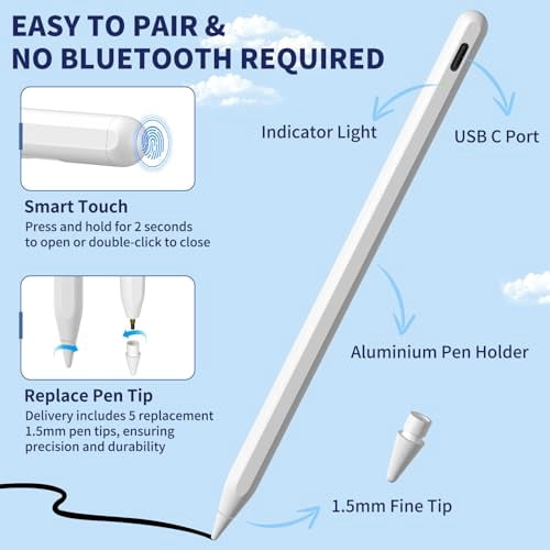 iPad Apple Pencil 9th&10th Generation,Fast Charge Stylus Pen for Palm Rejection and Tilt Sensitivity,Compatible with iPad Pro 11/12.9in,Mini 5/6,iPad 6/7/8/9/10,Air 3/4/5 (White)