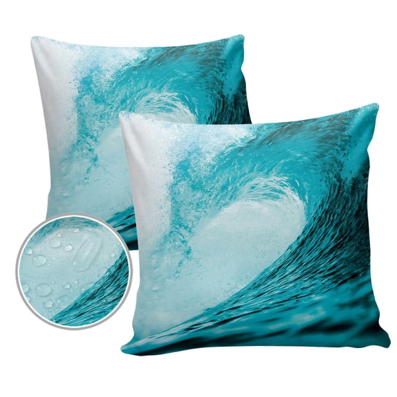 Pack of 2 Outdoor Pillow Covers, Teal Sea Waves Summer Landscape Oil Painting Art Waterproof Square Throw Pillowcase Cushion Decorative Pillow Covers for Couch Patio Tent, 24x24 in