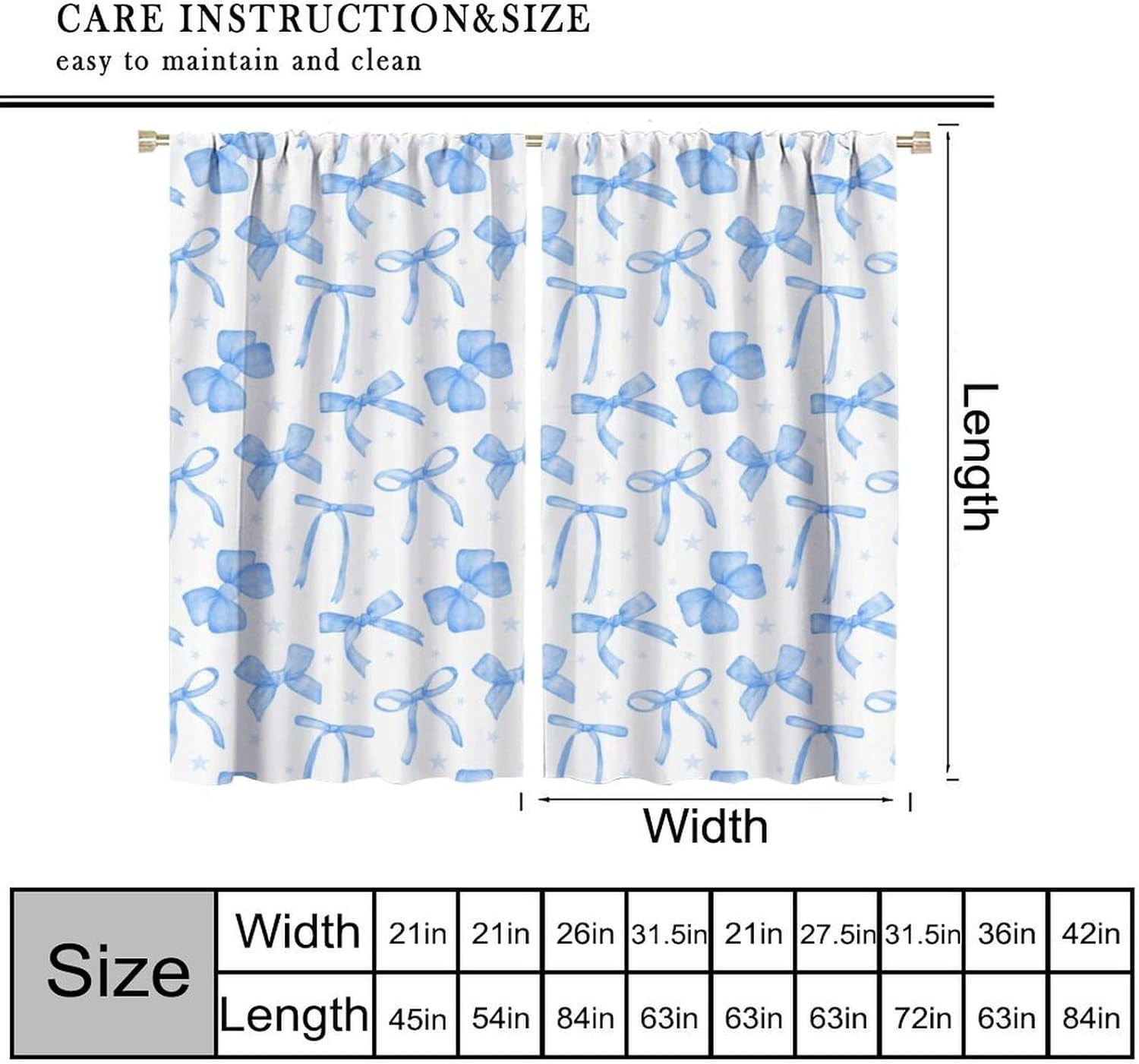 Blue Bow Curtains for Girls, Coquette Ribbon Bow Princess Romantic Aesthetic Window Drapes Curtain for Kids Girls Bedroom Livingroom Bathroom, 63" W X 63" L