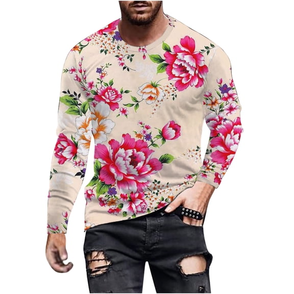 Penkiiy Chinese Style Big Peony Red Top for Men Men's Floral Printing Round Neck Long Sleeve Tops T-shirt Fitness AAnd Leisure Blouse