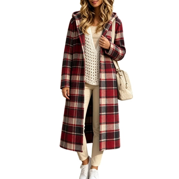 Jewelreauty Womens Plaid Long Overcoats, Hooded Long Sleeve Wool Blend Peacoat Calf Length Winter Fall Jackets (XL, Red)