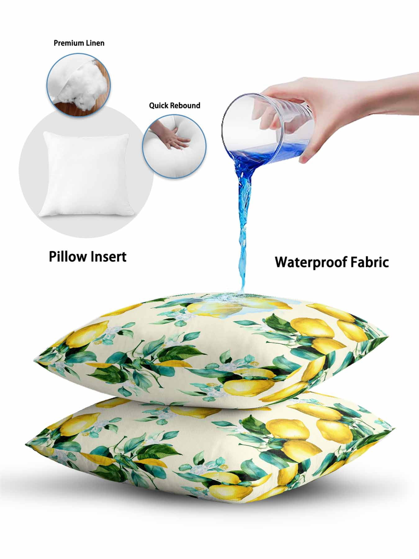 1 Pack Outdoor Throw Pillow, Yellow Lemon Waterproof Pillow with Insert Included, Watercolor Green Leaves Fruits Branches Retro Decorative Accent Cushion Lumbar Pillows for Patio Porch, 12 x 20 In
