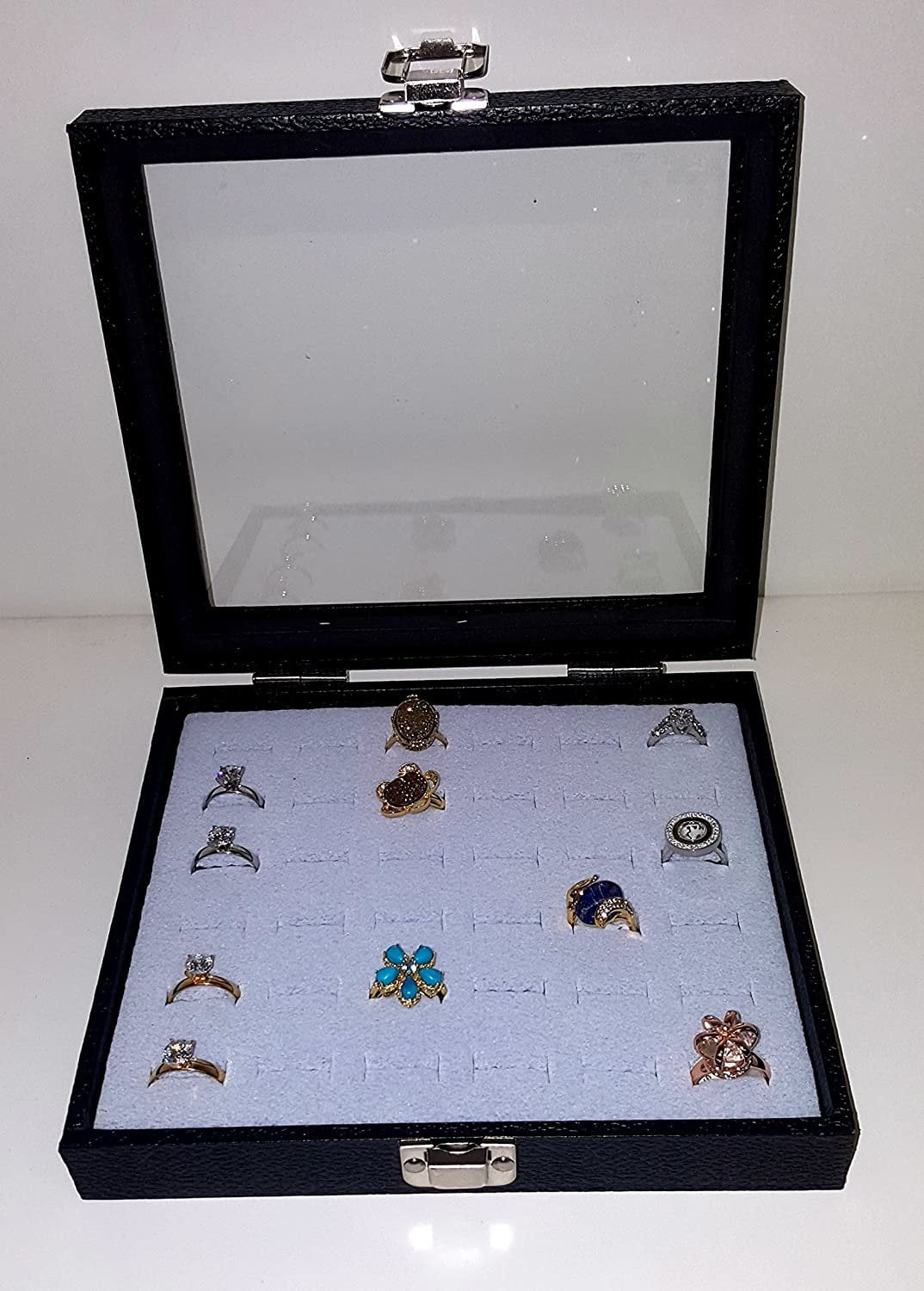 Ring Display Case Organizer Glass Top Jewelry Storage Box 36 Slot Tray Holder 