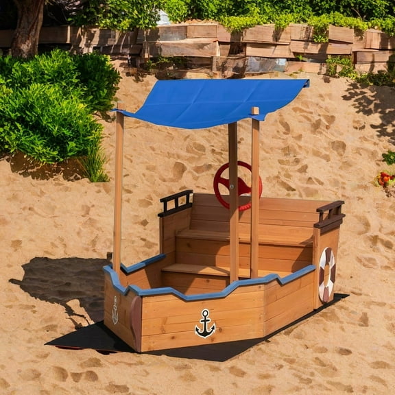 MIDODO Kids Wood Sandbox with Canopy, 63'' x 30.7'' Pirate Ship Sandbox with Cover and Rudder, Sand Box with Storage Bench & Seat
