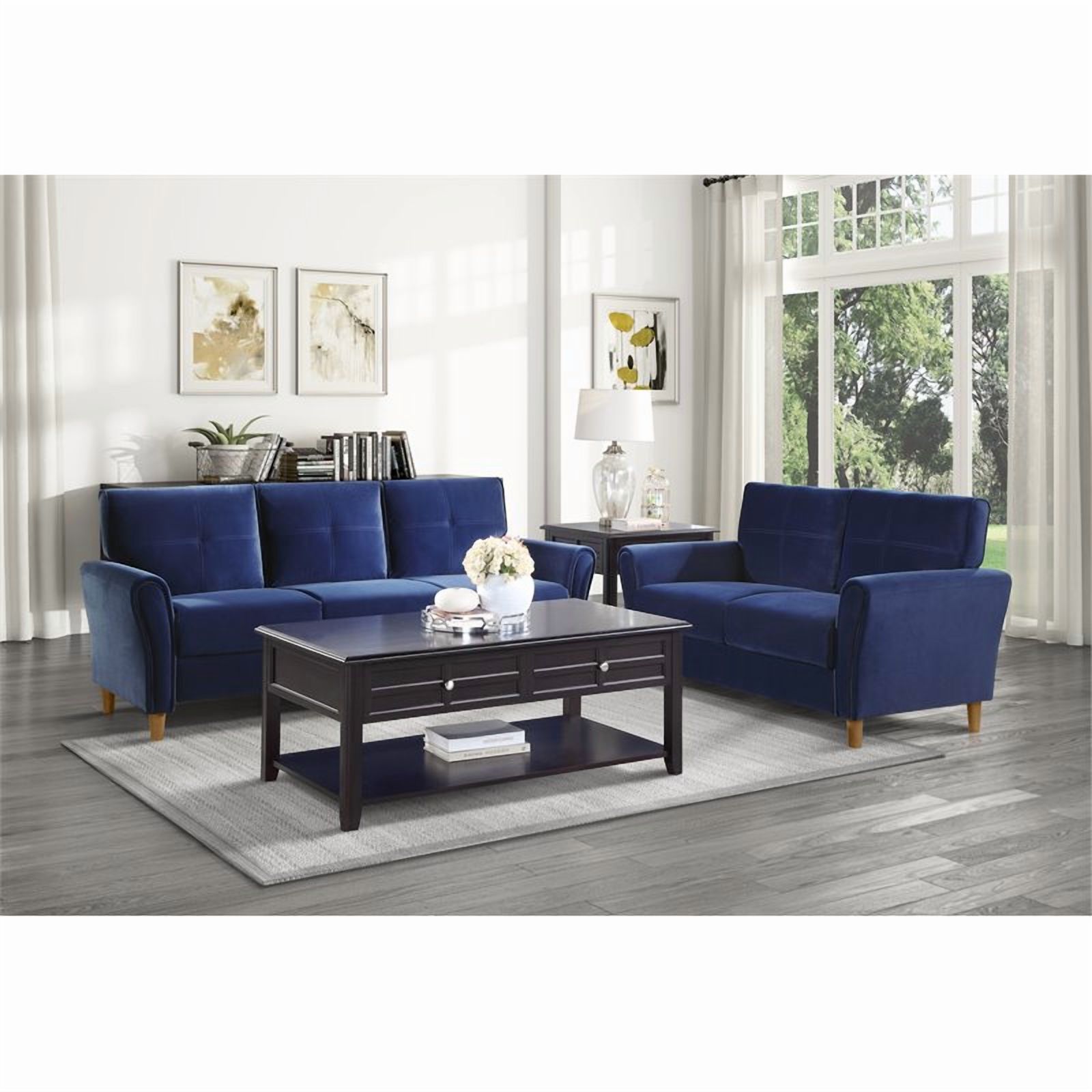 Lexicon Dunleith Tufted Velvet Upholstered Loveseat in Blue and Walnut