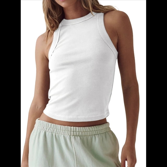 Camiseta Básica de Tirantes para Mujer, Sin Mangas, Larga, Acanalada, Ajustada, con Espalda Nadadora, Cuello Alto y Cuello Redondo M