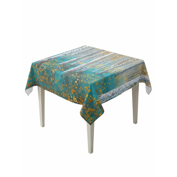 Teal Yellow Oil Painting Table Cloth, Contemporary Abstract Art Waterproof Tablecloth for Square Tables, Reusable Washable Fabric Table Cover for Restaurant Kitchen Dining Tables 60"x60"
