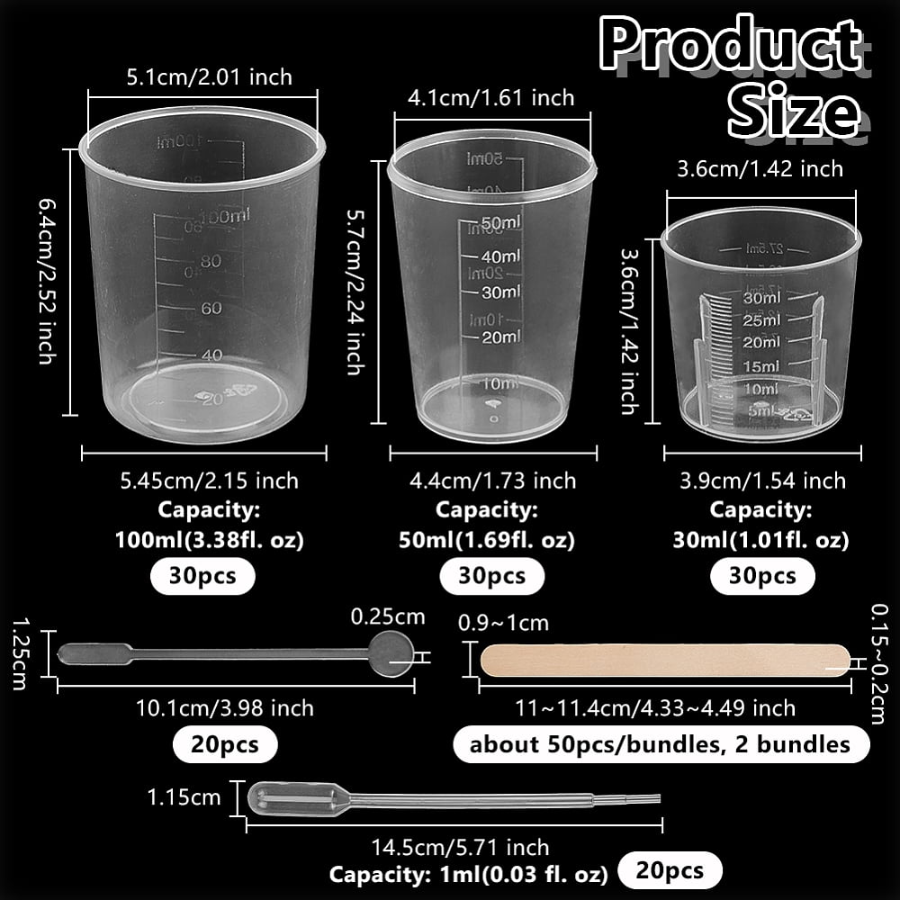 90Pcs 3 Styles Plastic Measuring Cup with 20Pcs Disposable Plastic Transfer Pipettes Clear