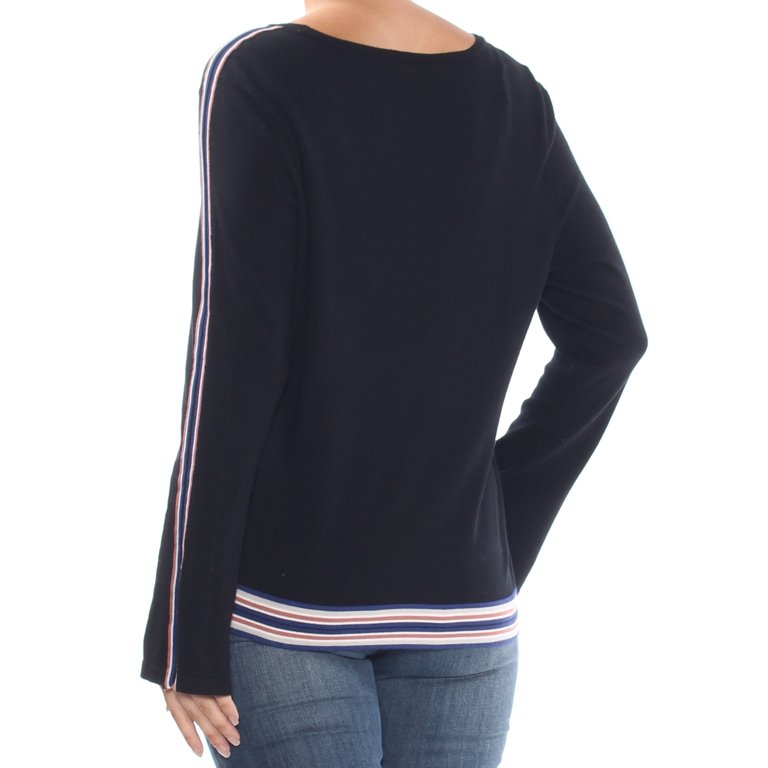 Alfani Womens Striped Bell Sleeve Pullover Sweater, Black, Large 