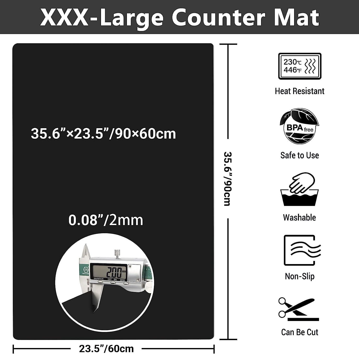 35.6x23.5 Inch Extra Large Silicone Mats for Kitchen Counter, 2MM Thick Heat Resistant Coffee Mat Bar Mat, Glass Top Stove Cover Countertop Protector for Air Fryer, Baking, Crafts, Black
