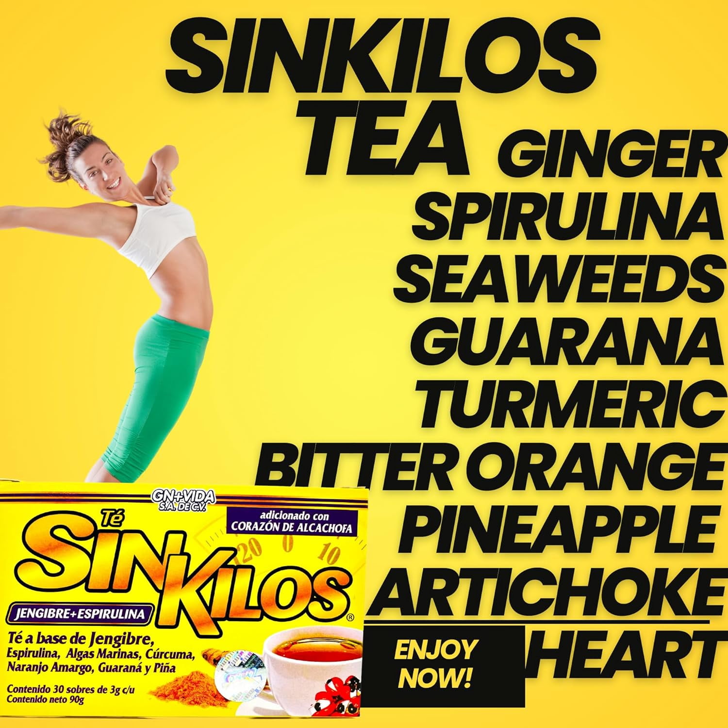 SinKilos Detox Tea GN+Vida Powerful Cleansing Tea with Ginger, Spirulina, Turmeric Orange and Pineapple Healthy Antioxidant Formula, Caffeine Free All Natural Digestive Te Panza y Grasa Herbal