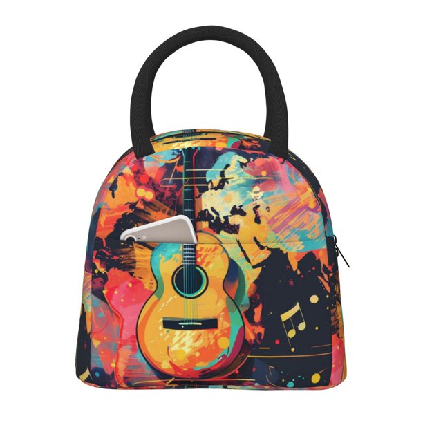 Fotbe World Map Guitar Illustration Bolsa de Almuerzo con Estampado, Lonchera Aislada, Contenedor de Comida Reutilizable Tipo Cooler a Prueba de Fugas