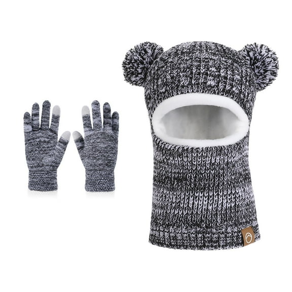 UQJfacai Kid Winter Hat Gloves Set Boys Girls Fleece Lined Warm Ski Mask Earflap Hood Skull Caps Cable Knit Gloves for Cold Weather